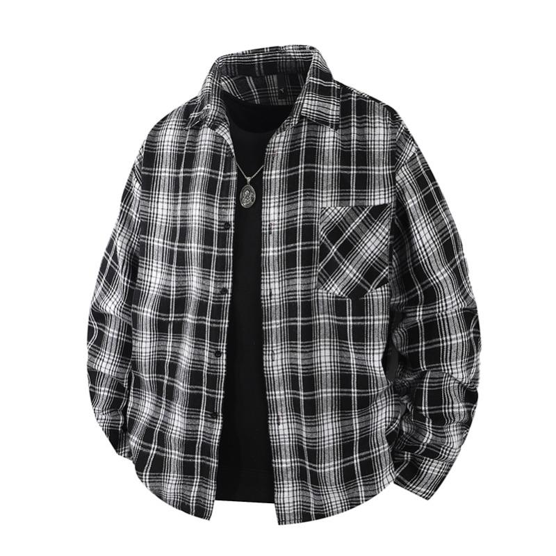 Black White Plaid Shirt Men's Korean Trendy Casual Teen Couple Shirt Handsome Versatile Wool Coat