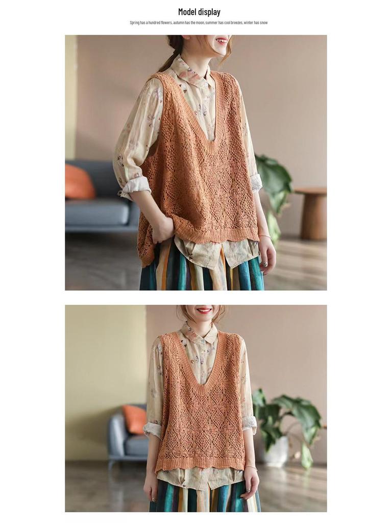 Women's Retro Knitted Sleeveless Cardigan: Hollow Out Vest for Spring, Summer, and Autumn - Loose Plus Size Fashion Top