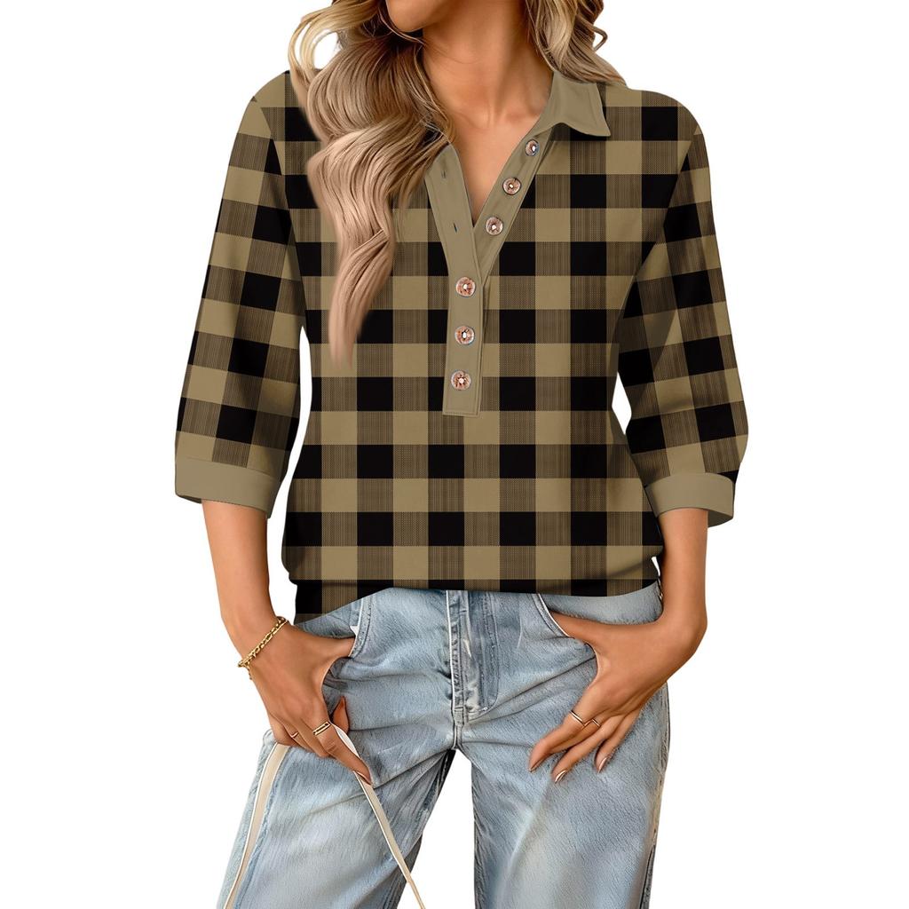 Blusa feminina moda verão casual gola V retalhos manga três quartos estampa xadrez