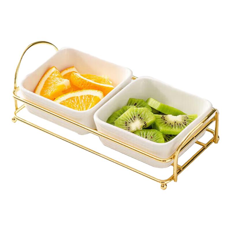 European Style Ceramic Divided Serving Dish with Gold Stand