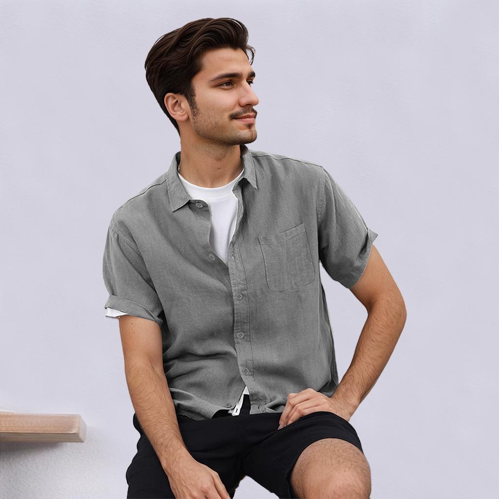 Men's Short-Sleeved Cotton Linen Shirts Summer Breathable Solid Color Casual Beach Style Plus Size Tops