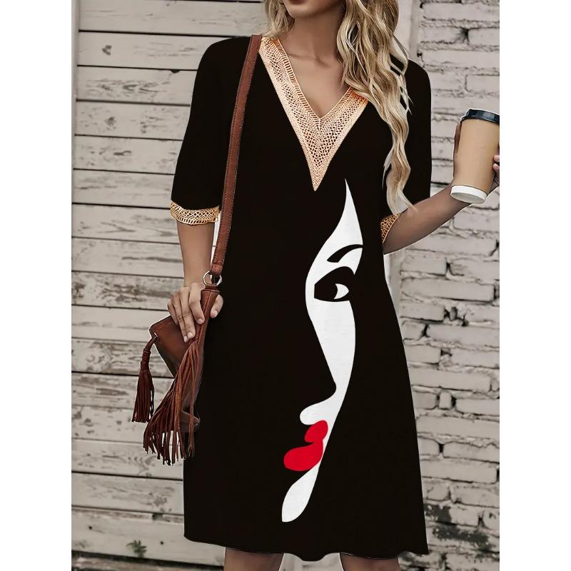 Damen Frühling/Sommer Printkleid Spitze V-Ausschnitt Loose Swing Kurzarm Mittellanges Kleid