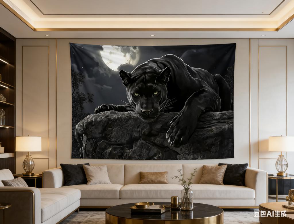 Black Panther Canvas Tapestry Moonlit Forest Glowing Eyes Polyester Wall Hanging For Home Living Room Bedroom Office Decor