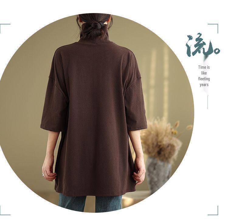Plus Size Artistic Retro High Neck Short Sleeve Women's T-Shirt - Autumn 2025 Collection, Loose Slimming Fit, Regular Shoulder Base Layer