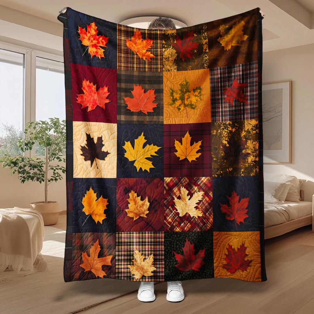 Autumn Maple Leaf Patchwork, Fall Season Gift, Soft Cozy Blanket, Vibrant Orange Red Yellow Plaid Design, Multi-Purpose Home Decor, Warm Comfort Throw