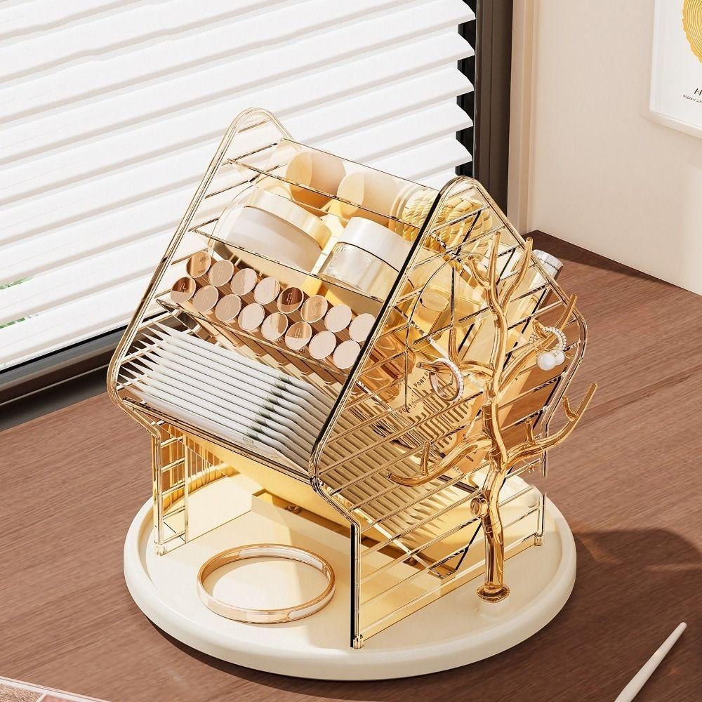 Large Capacity 360° Rotating Makeup Organizer Divided Space Saving Cosmetic Storage Box Plastic Non-Slip Makeup Storage Rack