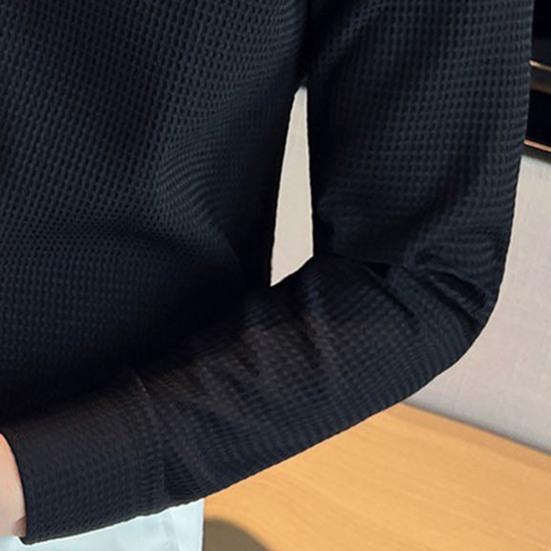 Men Spring Fall Shirt Frence Style Turn-down Collar Slim Fit Waffle Texture Single-breasted Long Sleeves Pure Color Mid Length Young Formal Top