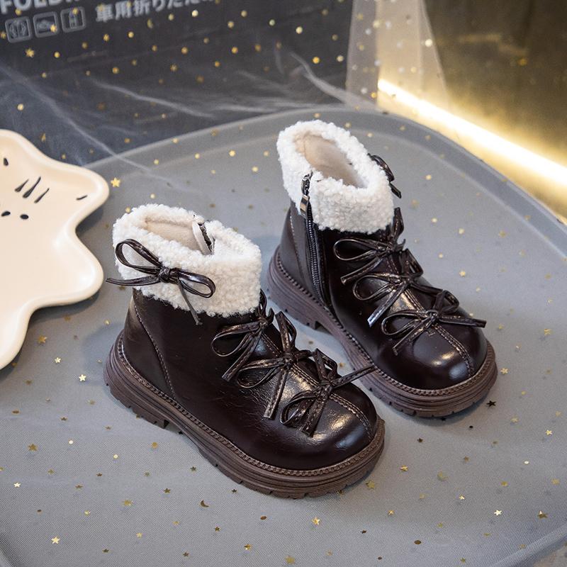 

Girls Fleece Boots Winter Kids Breathable Lining Ankle Boots with Cute Bow Non-slip Trendy Christmas Party Boots Girl 28 коричневий