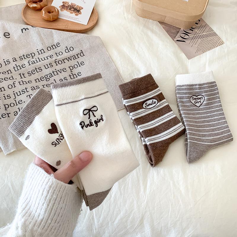 Women's Striped Embroidered Wool Mid-Calf Socks - Soft, Thick, Warm, Japanese Style for Autumn/Winter