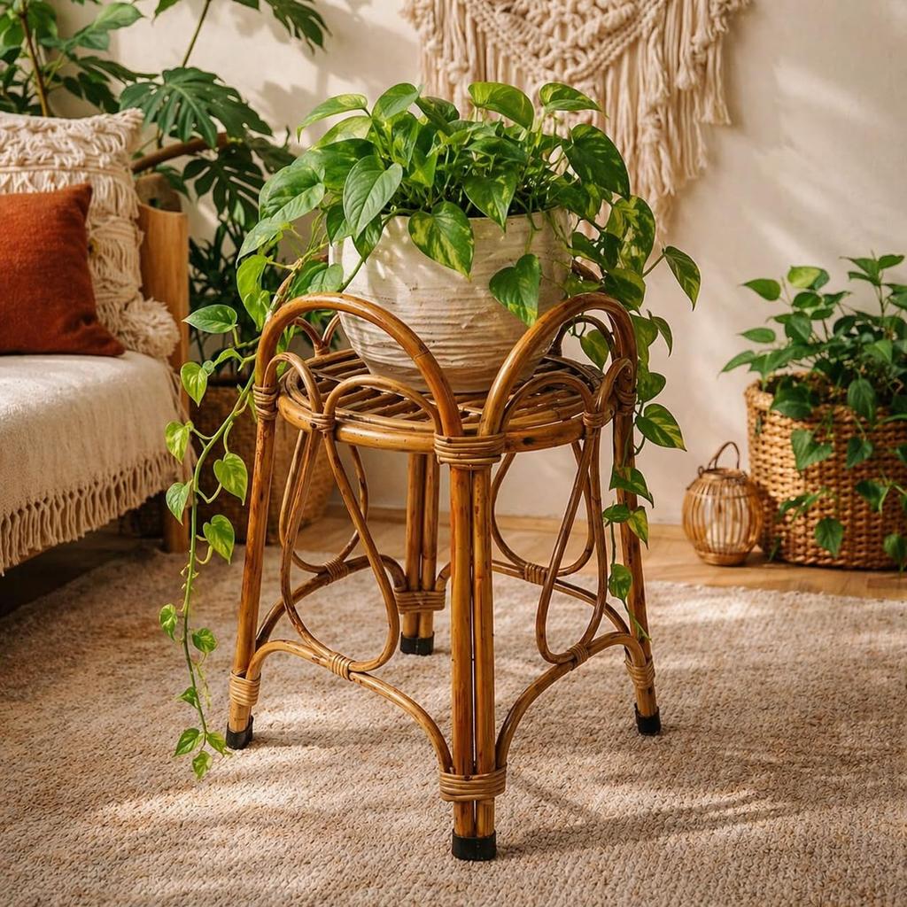 Eco Decx Handcrafted Rattan Plant Stand, Natural Bamboo Flower Pot Holder for Indoor Plants & Living Room Decor, 32 x 32 x 54 cm