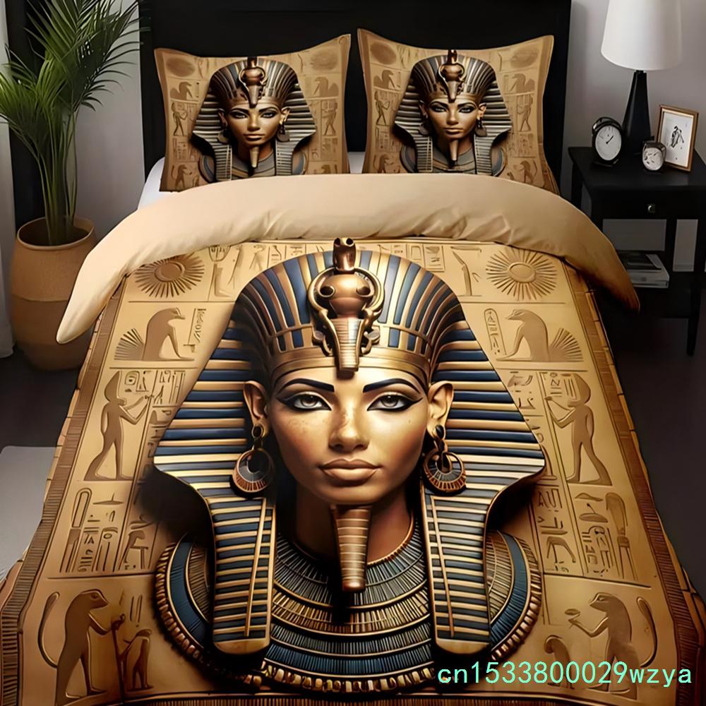 Egyptian Mythology Pharaoh Relief Totem 3D Print Bedding Set For Teens Adults Style Bed Cover Soft Home Polyester Quilt Cover