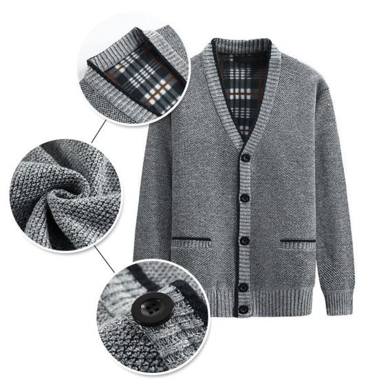 V-hals Lommer Genserjakke Høst Vinter Fleecefôr Ensfarget Cardigan Genser Yttertøy