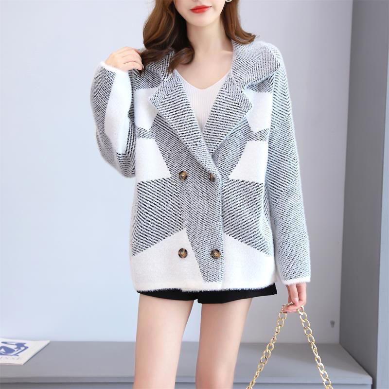 Women's Mink Fleece Coat Thickened Contrasting Faux Mink Fleece Knitted Cardigan Coat Plush Knitted Jacket
