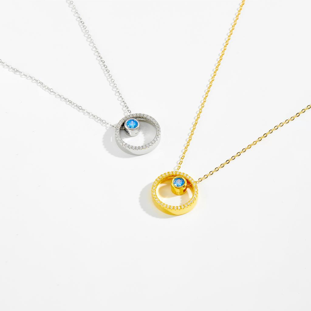 Sterling Silver Gold Circle Silver Necklace and Topaz Move Blue  Zircon Collar Women Fine Jewelry Spiring Jew