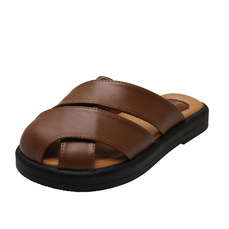 

Модная сумка голова тапочки женская верхняя одежда 2025 весна и лето новый ретро плетеный полый один педаль ленивый тапок 35 коричневый