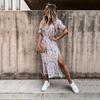 Frauen Sommer Urlaub Casual Floral Gedruckt Kurzarm V-ausschnitt Split Langes Kleid