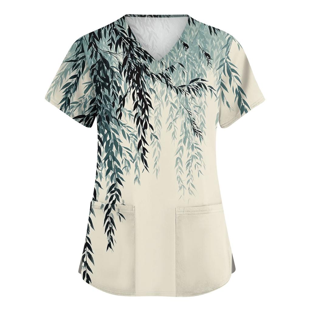 Niedlich bedruckte Arbeitskleidung für Damen, V-Ausschnitt, doppellagige Taschen, Basic-Kurzarm-Oberteil, Pullover