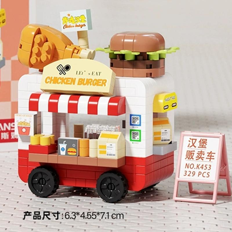 Diy Car Food Hot Dog Cart Truck Ice Cream Store Flower Hamburger Street View Building Blocks Kit Bricks Model Kids Toy Children
