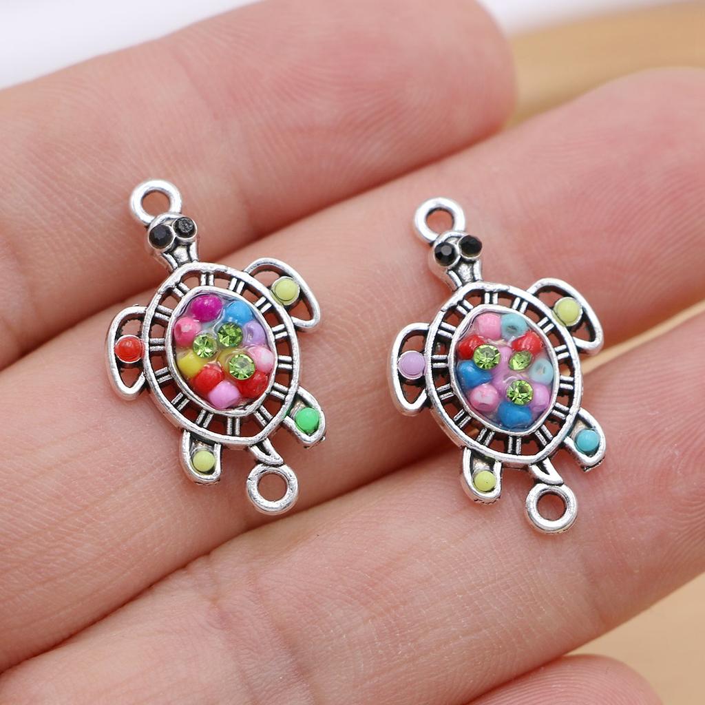 10Pcs Antique Silver Plated Colorful Crystal Turtle Charm Connectors For Jewelry Making Bracelet Accessories Diy Craft