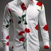 Men's Red Rose Printed Long Sleeved Shirt with White Casual Button Up Top for Romantic Occasions