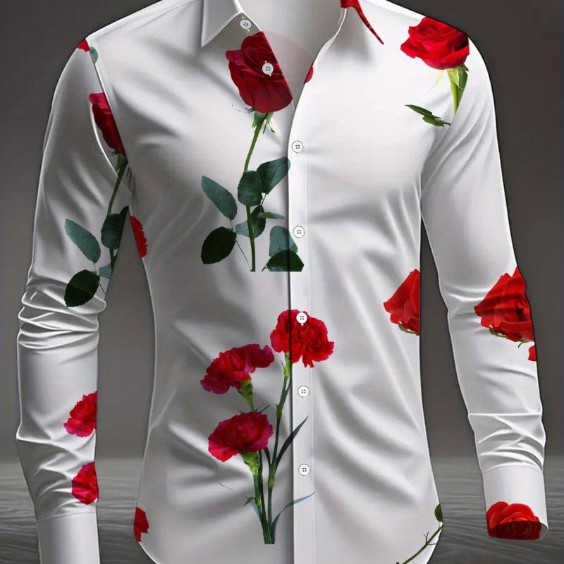 Men's Red Rose Printed Long Sleeved Shirt with White Casual Button Up Top for Romantic Occasions