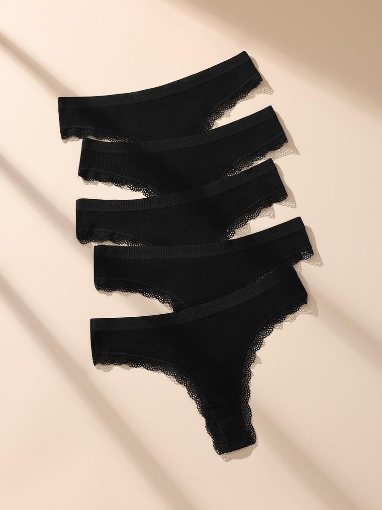5Pcs Women Thongs Sexy Lace Panties Low Waist Underwear Girls Briefs G-String Breathable Ladies Panty Black Female Lingerie S-XL