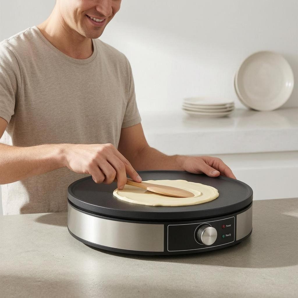 Electric Crepe Maker Adjustable Temperature Griddle Indicator Lights Round