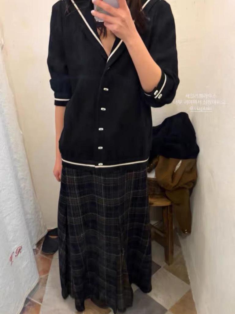 Viaplan Korean Autumn/Winter Elegant Retro Plaid Wool A-line Skirt