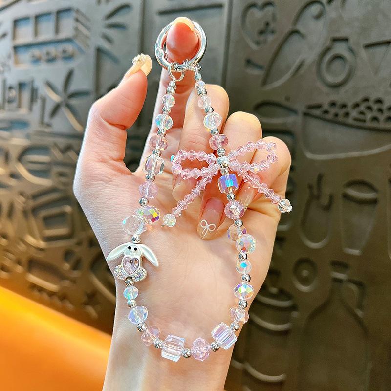 Flash Beaded Mobile Phone Chain Crystal Bow Key Bag Lanyard Pearl Mobile Phone Lanyard Small Gift