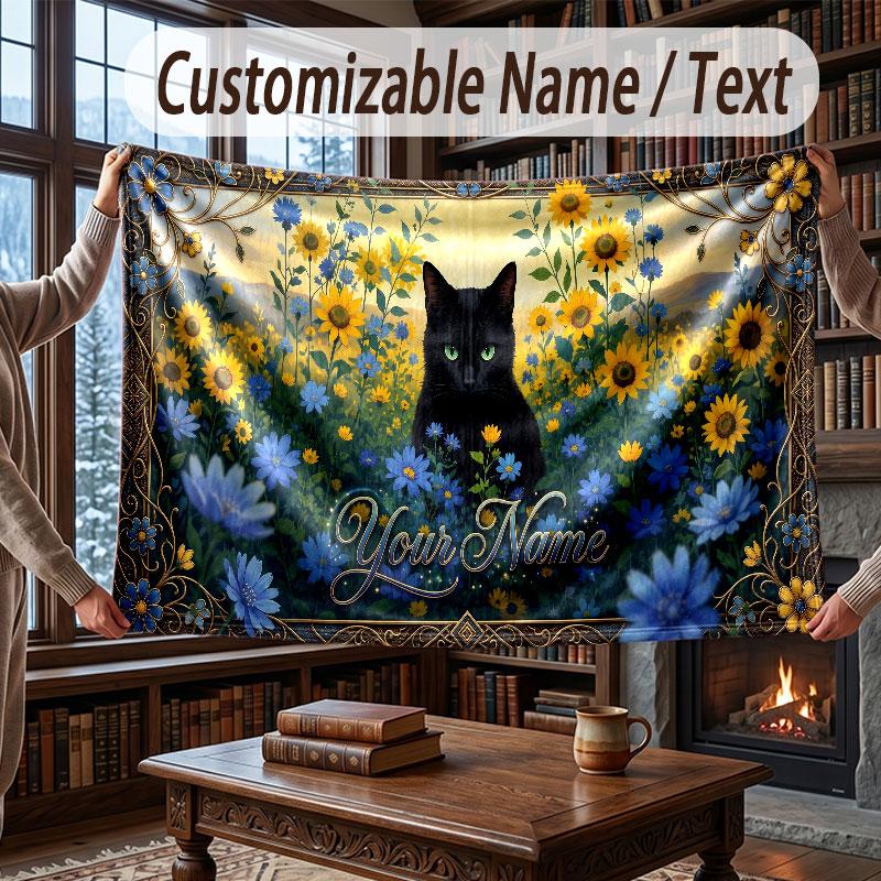 Cat Theme Throw Blanket Custom Name Text Personalized Blanket Soft Cozy Blanket for Home Sofa Bed