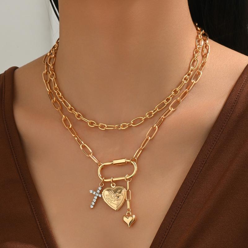 Fashion Gold Color Chain Heart-shaped Cross Pendant Necklace, 2 Pieces/set of Personalized Holiday  Gifts for Women