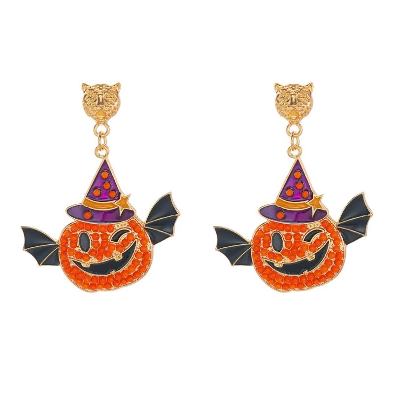 Halloween Party Earrings, Stud Top Drop Pair with Enamel Style Finish for Photo Looks, Fall Gatherings, and Dress Up