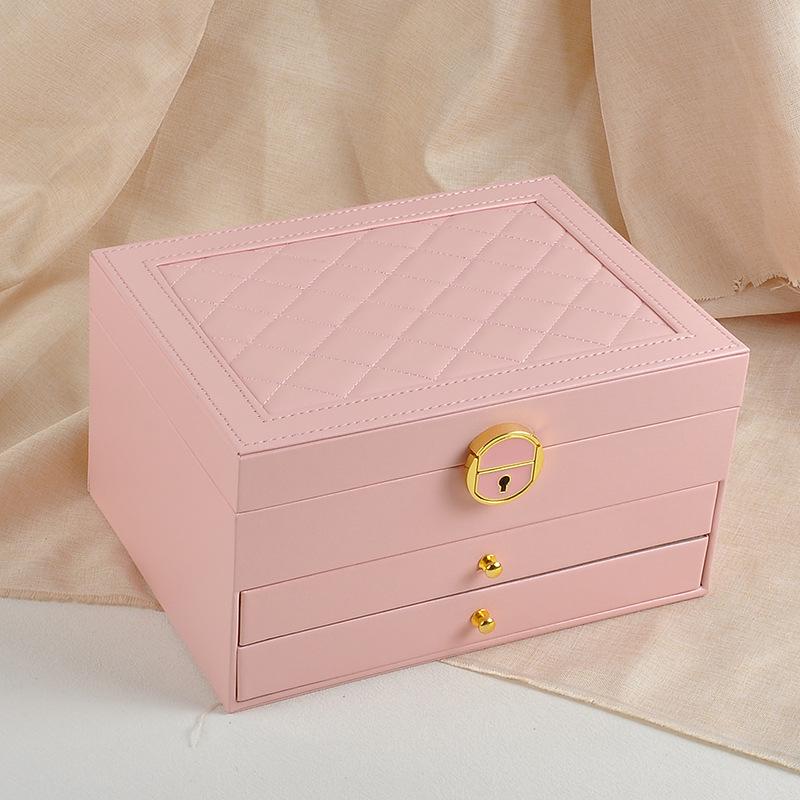 Three-Layer Leather Jewelry Box with Lock for Rings, Bracelets, and Earrings