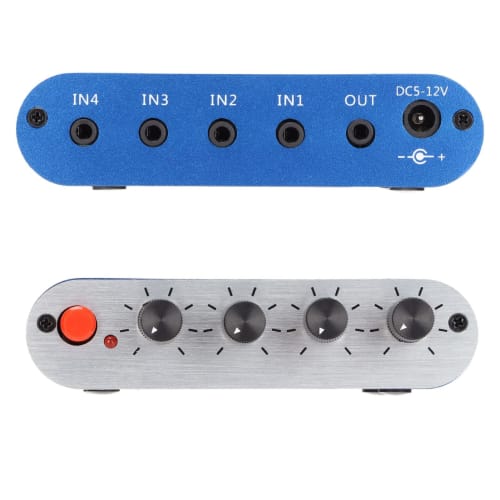 Portable Stereo Line Mixer, DC 12V 4-Channel 3.5mm Sound Selector Amplifier for Microphones, Guitars, Keyboards, Stage Submixers, etc.