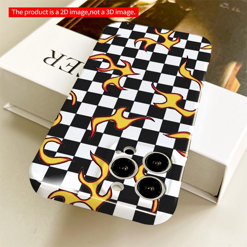 2DFlat Flames on Checkerboard All inclusive film hard iPhone case, compatible with iPhone 18 Pro Max 17 16 15 14 13 12 11