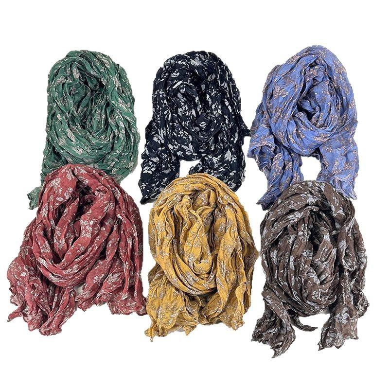 Artistic Retro Floral Pleated Scarf for Women in Spring and Autumn Sunscreen and Neck Protection Scarf