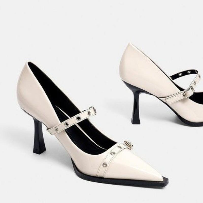 

Fashion Women s Shoes 2025 Fashion Buckle Strap Women s High Heels New Metal Decoration Office and Career Sexy Pointed Toe Heels Women 42 бежевый