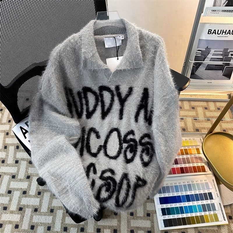 

Женский свитер с жаккардовым узором в виде букв, с полуоткрытым лацканом, вязаный пуловер, американский стиль, осень-зима, женский повседневный уличный топ XXL светло-серый