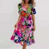 Rochie Maxi A-Line de Damă cu Gât Rotund, Mânecă Scurtă, Imprimeu 3D și Finisaj Spălat cu Nisip