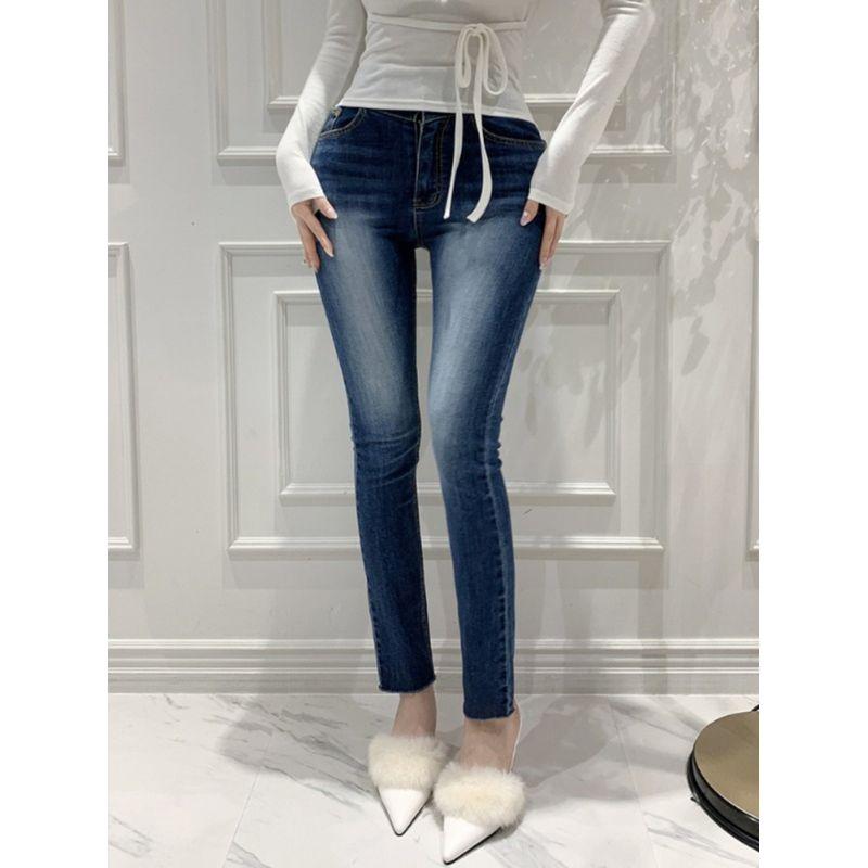 Spring and Summer South Korea Dongdaemun High Waist 2 Buttons Slim Fit Buttock Lifting Fengyi Faded Skinny Slimming Capri Jeans Women