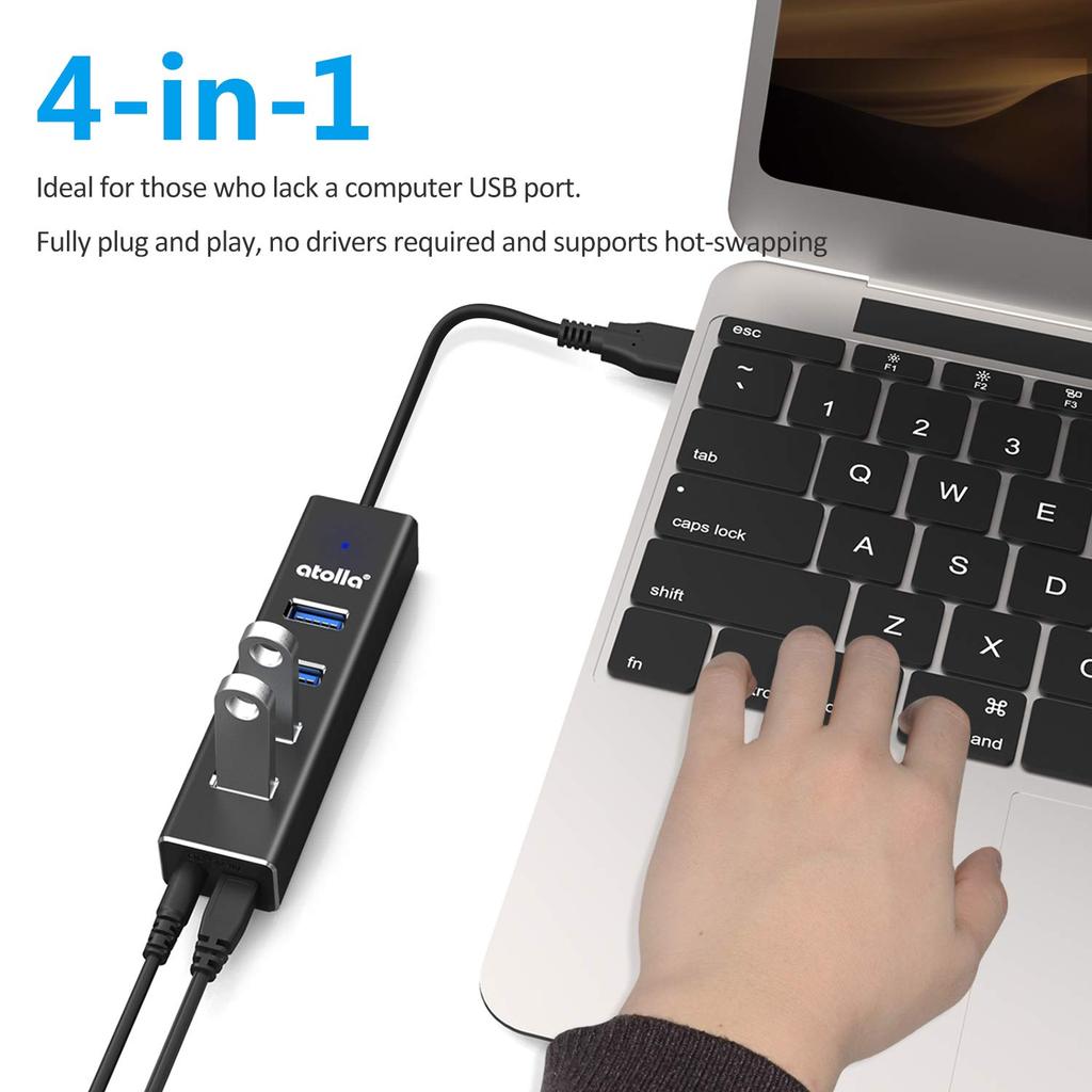 Atolla USB USB Aluminum USB Expansion 5Gbps Data Lightweight and Compatible with iPad and Work from Home Hub, 4-Port 3.0 Hub, Alloy, Hub, High-Speed