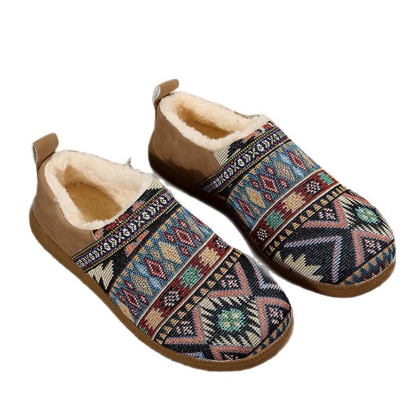Plus-size Warm Cotton Shoes 2025 Winter New Fleece Color-blocking Ethnic Style Home Women's Shoes