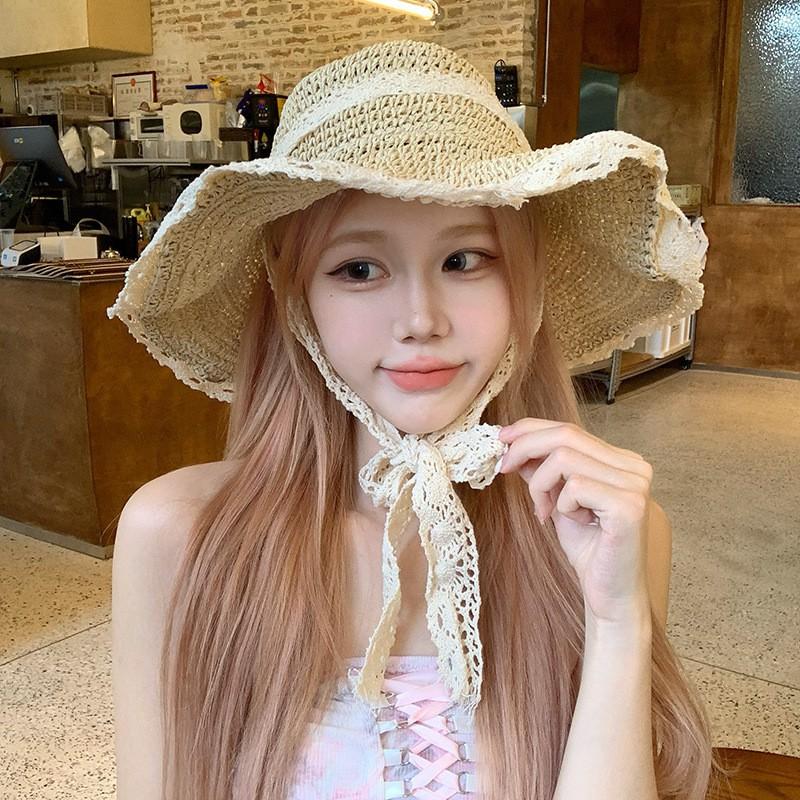 Womens Wide Brim Straw Hat With Lace Trim Ties Breathable Sun Beach Travel