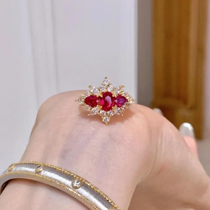 High quality red water droplet engagement ring Vintage court style showy ruby rings for women light luxury wedding Zircon