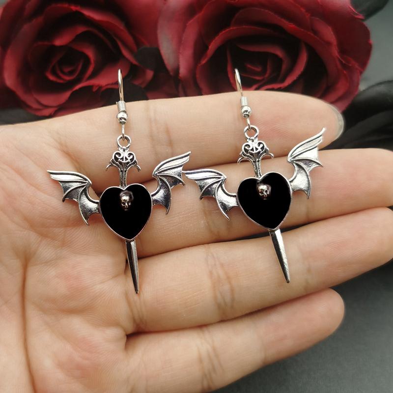 New Goth Skull Heart Enamel Peach HeartEarrings Personality Retro Red Roses Flowers Gothic Women's Earings Hanging Jewellry