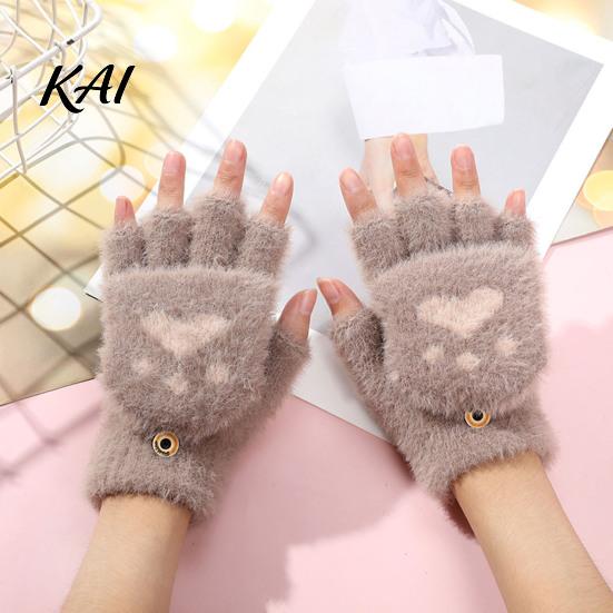 Practical Gift for Winter Furry Cat Paw Thermal Gloves, Flip Top Mitten with Button Women, Half Finger Writing Gloves Students Plush Cute Bear
