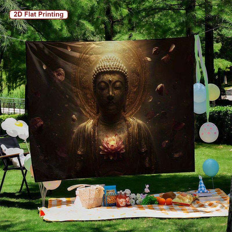 Buddha Lotus Tapestry  Golden Serene Buddha with Floating Pink Lotus Spiritual Wall Artfor Bedroom or Dorm Decor