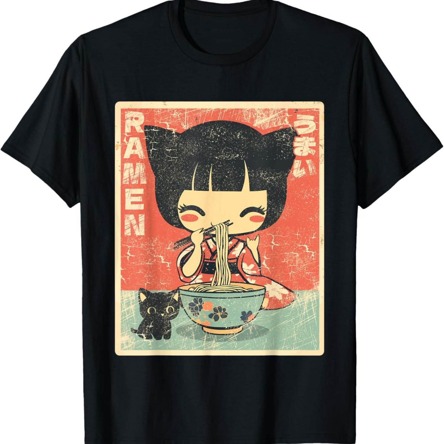 Kawaii Chibi Girl with Cat Ears Eating Ramen T-Shirt S чёрный