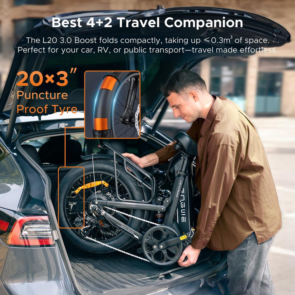 The ENGWE electric bicycle comes with an app, a 48V 13.5Ah battery (range up to 135 km), and 20*3.0 tires.L20 3.0 BOOST