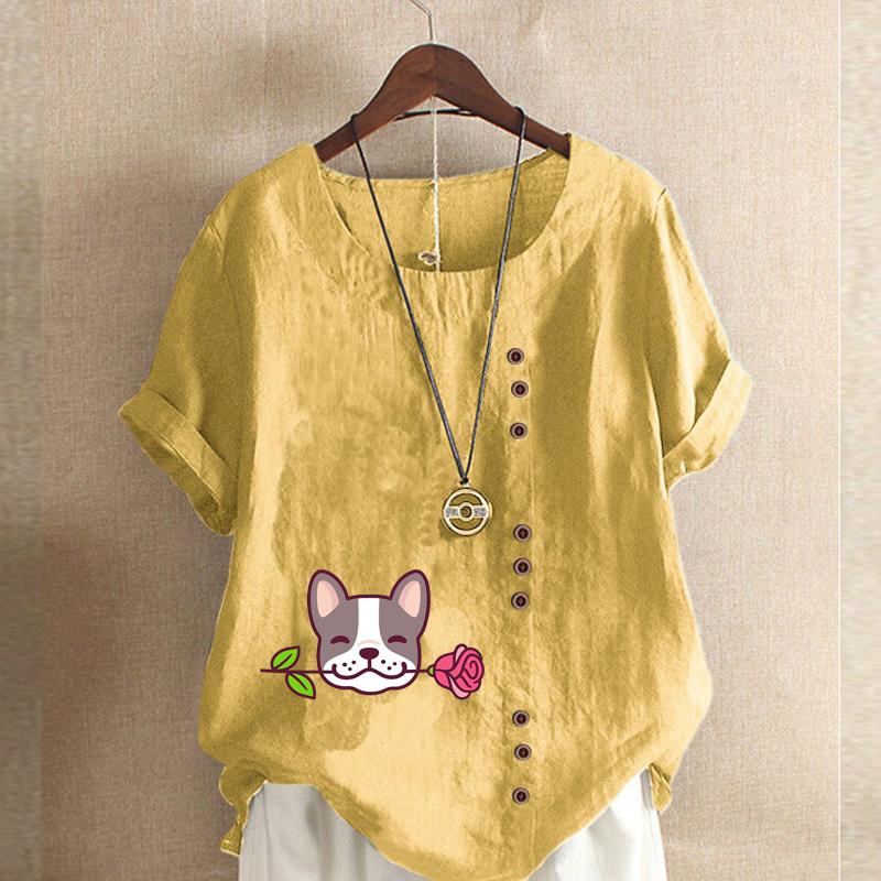 Women's Fashion Round Neck Short Sleeve T-shirt Casual Cotton Linen Graphic Shirt Leisure Loose Cute Dog Flower Prined Summer Blouse Tops Plus Size
